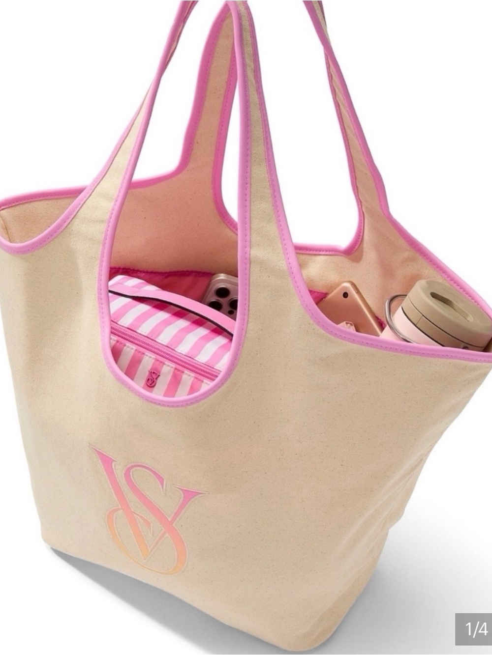 Victoria’s Secret Large Canvas Tote Beach Bag Pink Orange Ombré inside New!
